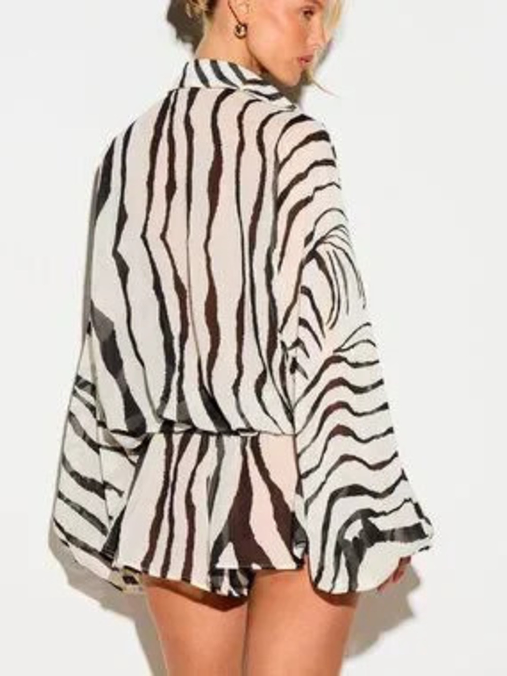 Women's Zebra Print Deep Plunge Collared Balloon Sleeves Romper
